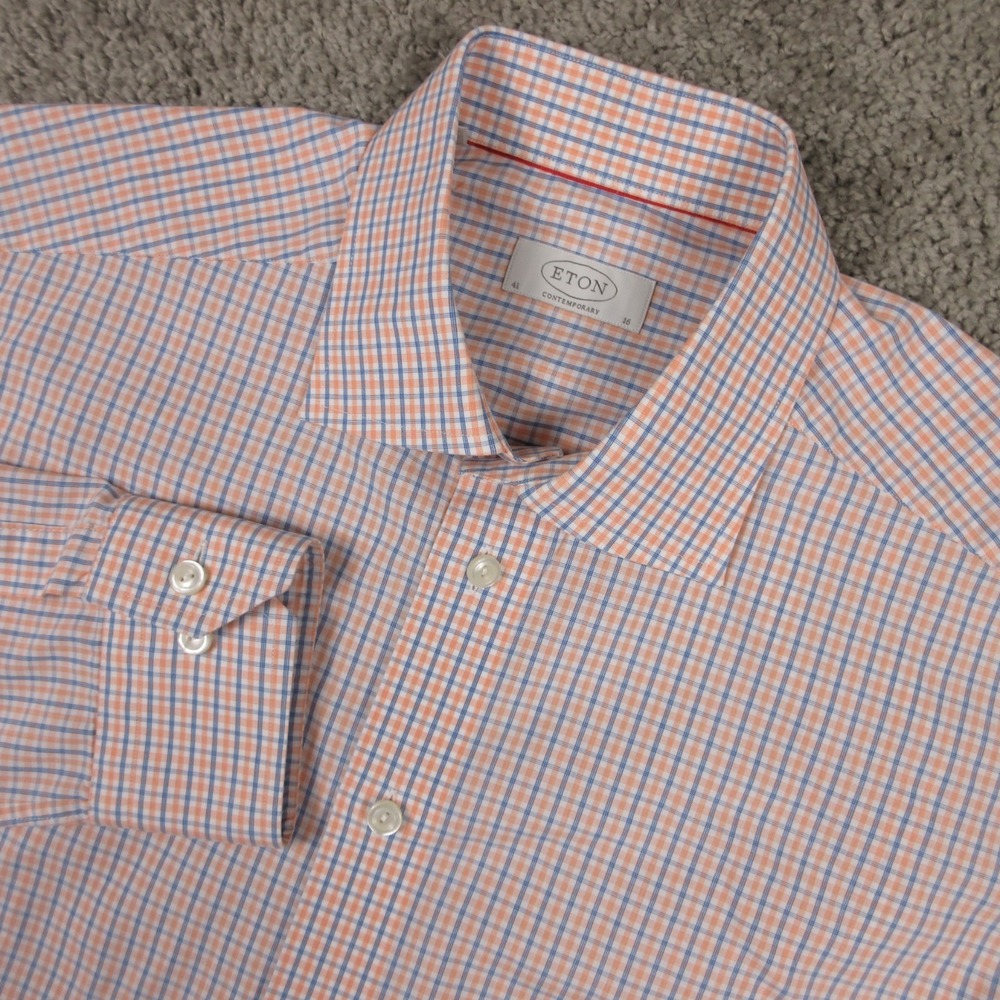 ETON Shirt Men L 16 41 Orange Blue Tattersall Check Contemporary Dress Button Up